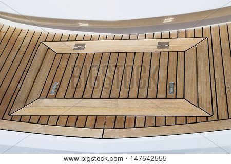 Close up detail of deck hatch on moden luxury motor boat