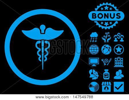 Caduceus icon with bonus pictogram. Vector illustration style is flat iconic symbols, blue color, black background.