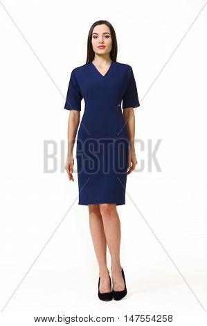 indian business woman with straight hair style in summer formal blue short sleeve dress high heel shoes full body length isolated on white
