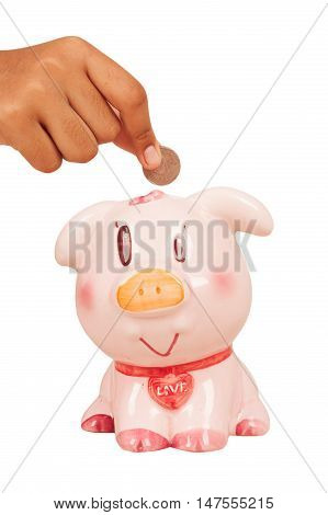 hand girl save money with pink piggy pank isolate background