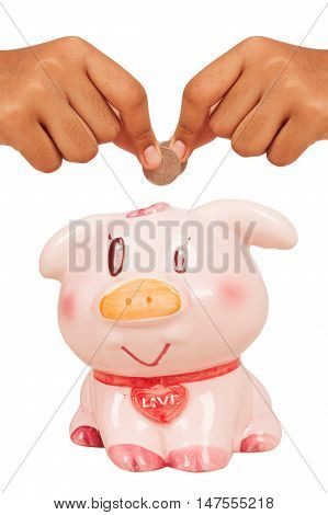 hand girl save money with pink piggy pank isolate background