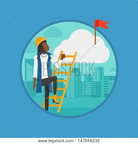 An african-american business woman climbing the ladder to get a red flag on the top of cloud. Concept of business goal, career. Vector flat design illustration in the circle isolated on background.