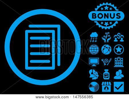 Copy Document icon with bonus elements. Vector illustration style is flat iconic symbols, blue color, black background.
