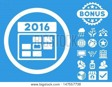 2016 Date icon with bonus images. Vector illustration style is flat iconic symbols, white color, blue background.