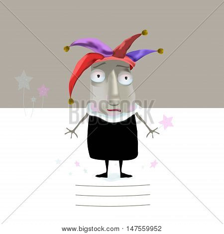 Clown with big eyes and stars on the cover of a notebook.