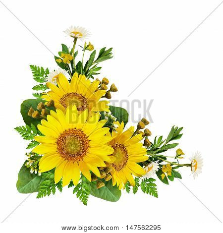 Sunflowers and wild flowers in a corner arrangement isolated on white