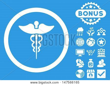Caduceus icon with bonus elements. Vector illustration style is flat iconic symbols, white color, blue background.