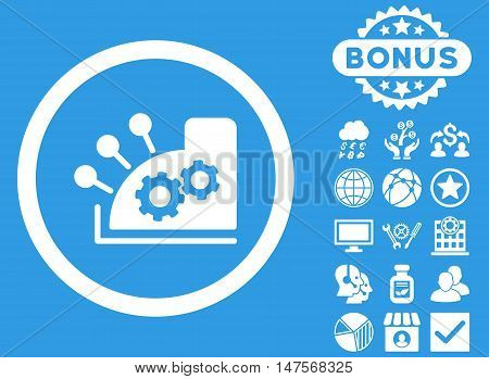Cash Register icon with bonus images. Vector illustration style is flat iconic symbols, white color, blue background.