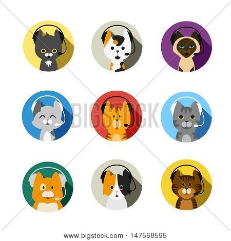 cat with phone headset vector set icons