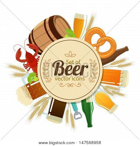 Circle shape template with colorful beer icons for packaging cards posters menu. Vector stock illustration.