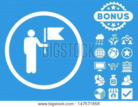 Commander icon with bonus elements. Vector illustration style is flat iconic symbols, white color, blue background.