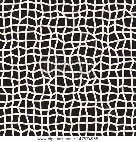 Vector Seamless Black and White Distorted Rectangle Mosaic Grid Pattern. Abstract Geometric Background Design