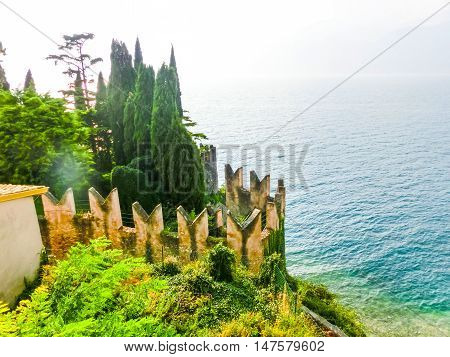 The view of Lake Garda the largest lake in Italy. It is located in Northern Italy about half-way between Brescia and Verona and between Venice and Milan.