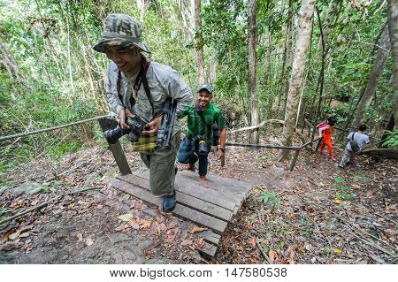 Semporna,Sabah-Sep 10,2016:Group of hikers on hiking trail,trekking in Bohey Dulang,Tun Sakaran Marine Park,Semporna,Sabah,Borneo.It is the most popular island for hiking & climbing activities.