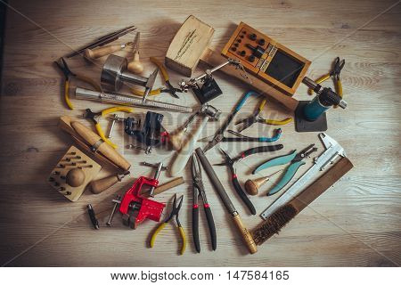 different professional tools for making handmade jewelery