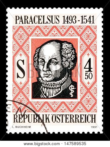 AUSTRIA - CIRCA 1991 : Cancelled postage stamp printed by Austria, that shows Paracelsus.