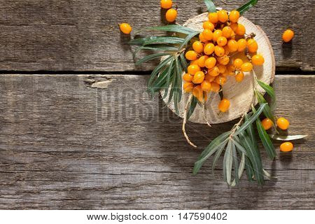 Seabuckthorn Berries Branch On Vintage Wooden Background. Top View, Place For Your Text.