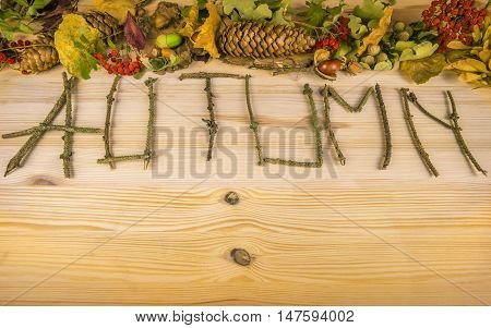 Autumn word and forest elements - The autumn word written out of tree twigs on a wooden table with forest fruits in the background like cones nuts and acorns.