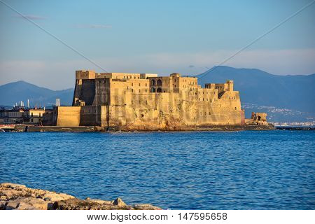 View of Dell'Ovo Castle from seafront Francesco Caracciolo. Naples, Italy.