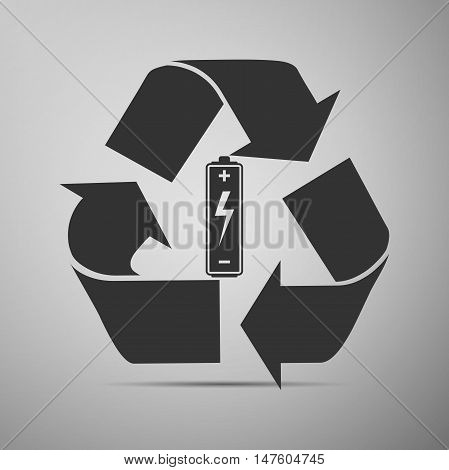 Battery with recycle symbol - renewable energy concept flat icon on grey background. Adobe illustrator