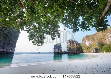 Mountains with branches of tree on island of Koh Hong, Krabi province, Thailand