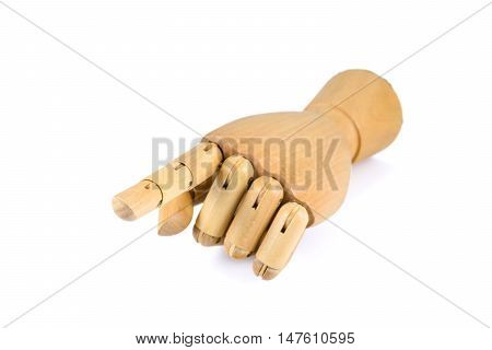 wooden hand wagging finger isolated on white background