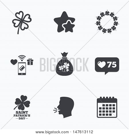 Saint Patrick day icons. Money bag with clover sign. Wreath of quatrefoil clovers. Symbol of good luck. Flat talking head, calendar icons. Stars, like counter icons. Vector