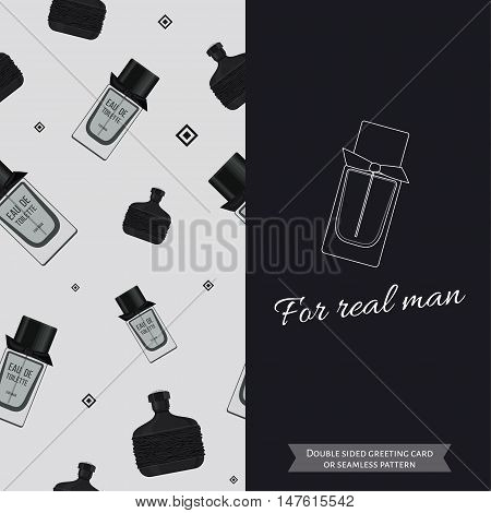 Double sided modern greeting card for man. Seamless pattern. Male fragrance. Eau de toilette. Perfume for men. Vector illustration