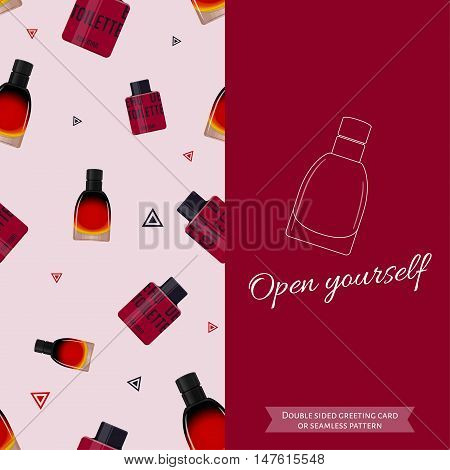 Double sided modern greeting card for man. Seamless pattern. Male fragrance. Eau de toilette. Perfume for men. Vector illustration