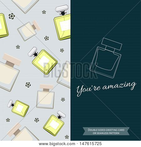 Double sided modern greeting card for fashionable women. Seamless pattern. Women fragrance. Eau de toilette. Perfume for female. Vector illustration