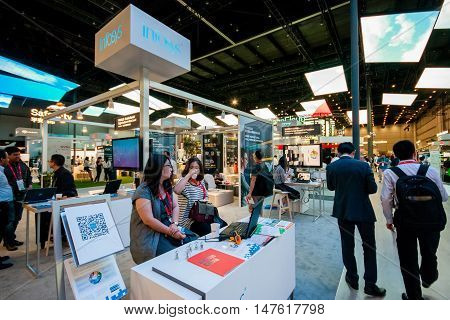 SHANGHAI CHINA - SEPTEMBER 2 2016: Booth of Infosys company at Connect 2016 information technology conference and exhibition in Shanghai China on September 2 2016.