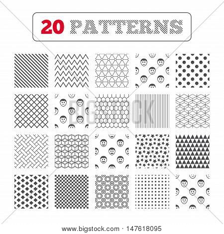 Ornament patterns, diagonal stripes and stars. Human smile face icons. Happy, sad, cry signs. Happy smiley chat symbol. Sadness depression and crying signs. Geometric textures. Vector