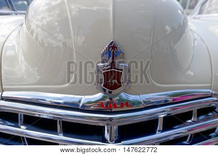 Kharkiv Ukraine - May 22 2016: Close up of Soviet retro car phaeton GAZ-12 (ZIM) manufactured in 1949 is presented at the festival of vintage cars Kharkiv Retro Rally - 2016 in Kharkiv Ukraine on May 22 2016