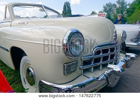 Kharkiv Ukraine - May 22 2016: Close up of Soviet retro car phaeton GAZ-12 (ZIM) manufactured in 1949 is presented at the festival of vintage cars Kharkiv Retro Rally - 2016 in Kharkiv Ukraine on May 22 2016