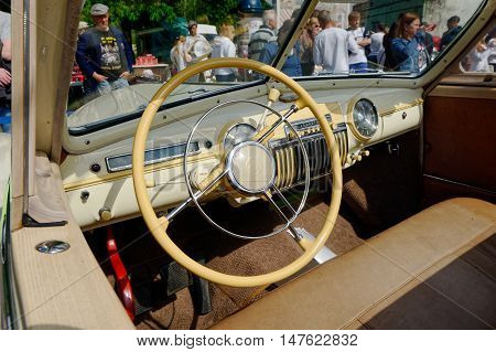 Kharkiv Ukraine - May 22 2016: Inside view of Soviet retro car phaeton GAZ-12 (ZIM) manufactured in 1949 is presented at the festival of vintage cars Kharkiv Retro Rally - 2016 in Kharkiv Ukraine on May 22 2016