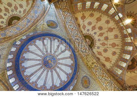 ISTANBUL, TURKEY - DECEMBER 11, 2015: Interior view of Sultan Ahmed Mosque or Blue Mosque. The mosque was built in 1609-1616 during the rule of sultan Ahmed I.
