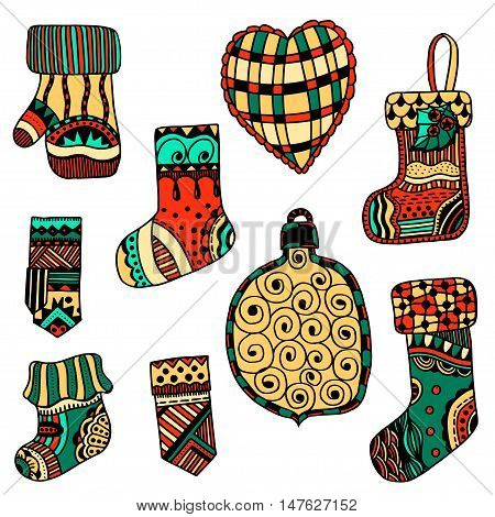 Christmas toys set. New Year, doodling. Retro Vintage Merry Christmas Background, Hand Drawn, Vector illustration