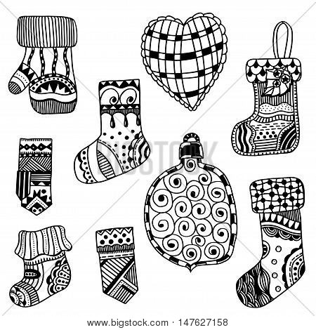 Monochrome Christmas toys set. New Year, doodling. Retro Vintage Merry Christmas Background, Hand Drawn, Vector illustration