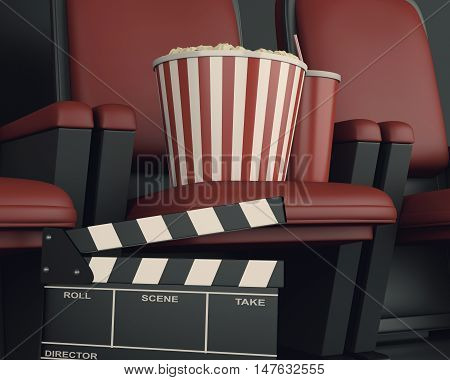 3d illustration. Cinema clapper board and popcorn on theater seat. cinematography concept.