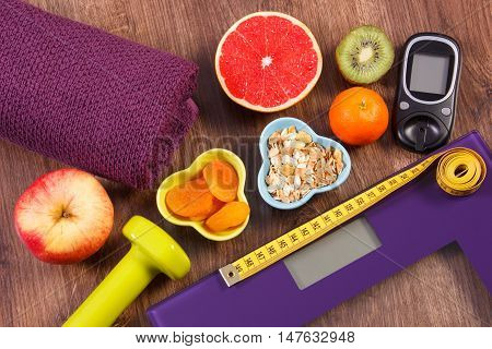 Electronic Bathroom Scale, Glucometer, Centimeter, Healthy Food And Dumbbells For Fitness, Healthy L