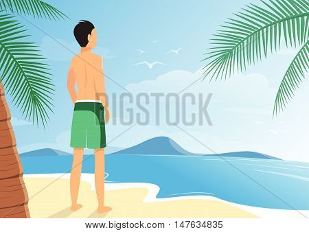 Vector illustration of man holding laptop standing on sand looking at the waves in sea space for text background