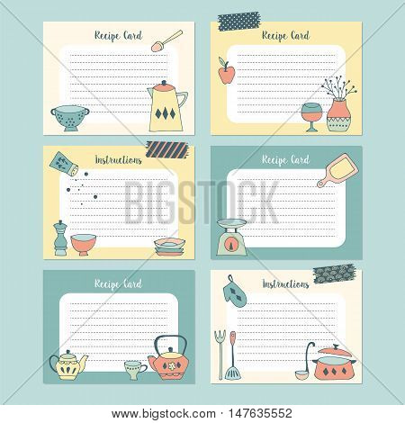 Set Of Recipe Cards With Hand Drawing Kitchen Utensil. Isolated Vector Illustration