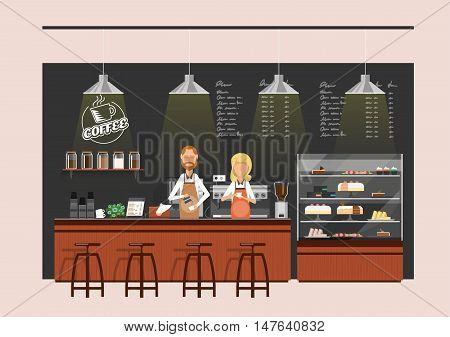 Illustration design of coffee shopcoffee barcounterbackgroundflat stylewith baristas