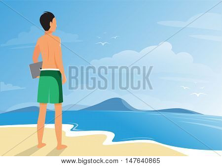 Illustration of man holding laptop standing on sand looking at the waves in sea. space for text background