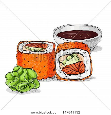 California rolls with tobiko, shrimp or tuna and avacado. Sushi rolls set icons. Vector sushi color sketch