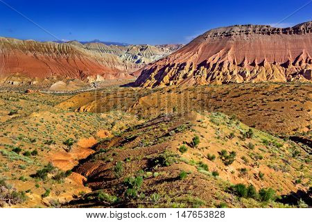 colorful mountains and dry river bed. Spring in the desert