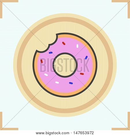 Donut color icon. Isolated vector illustration. Bitten glazed pink donut with sprinkles