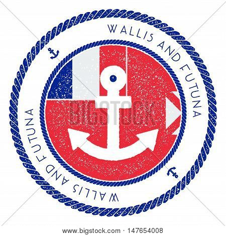 Nautical Travel Stamp With Wallis And Futuna Flag And Anchor. Marine Rubber Stamp, With Round Rope B