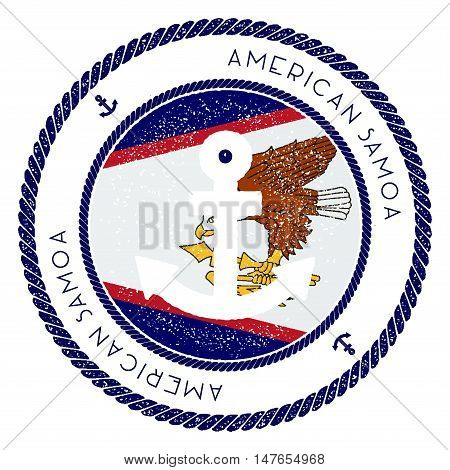 Nautical Travel Stamp With American Samoa Flag And Anchor. Marine Rubber Stamp, With Round Rope Bord