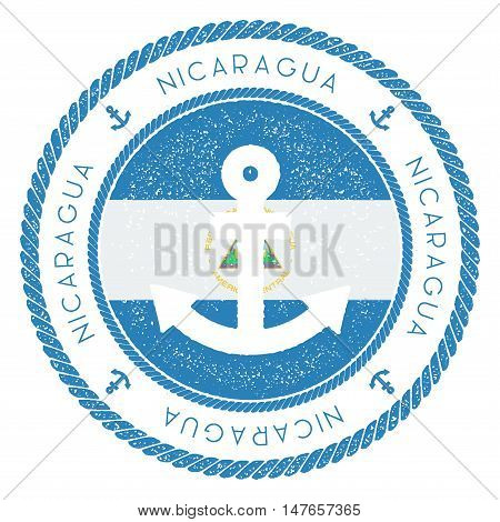 Nautical Travel Stamp With Nicaragua Flag And Anchor. Marine Rubber Stamp, With Round Rope Border An